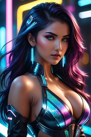 high quality, 8K Ultra HD, full body, have a cyber saber, a mesmerizing 20-year-old woman with a futuristic beauty that seems to transcend time and space, intricately woven into her very being, wearing sexy Indian dress, move with fluidity and precision, Her flowing hair resembles streams of neon lights, casting a vibrant glow that adds a touch of cyberpunk brilliance to her appearance, Each strand of hair is meticulously crafted with holographic patterns that shimmer and shift, creating an ever-changing display of colors, large breasts, deep cleavage , highly detailed,

