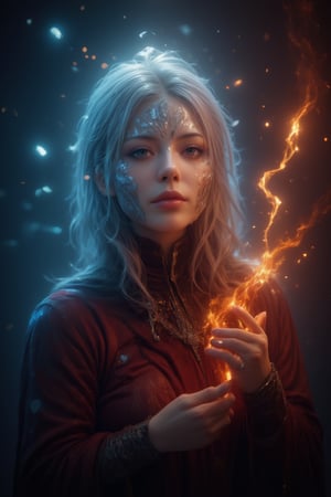 Midjourney style, Photorealism, Cinematic style, high fidelity, realism, chiaroscuro, play of shadow and light, rays of light.
photo of a vampire queen,left hand grasp a chain with ice effect,right hand grasp a chain with fire effect,she wearing a victoria period with red and light blue color,long white hair,red eyes,the chain **** from steel and it floating in the air,big chain,focus on chain,

