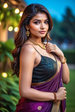 23 years woman in garden, evening, raining, hot,  sexy,  indian,  model,  Instagram model,  influencer,  haply face,  sharp jawline,  baby pink lips,  cute looking,  catty eyes,  black velvet dress,  best quality,  masterpiece,  beautiful and aesthetic,  16K,  (HDR:1.4),  high contrast,  bokeh:1.2,  lens flare,  (vibrant color:1.4),  (muted colors,  dim colors,  soothing tones:0),  black eyes,  Exquisite details and textures,  cinematic shot,  Warm tone,  (Bright and intense:1.2),  wide shot,  by playai,  ultra realistic illustration,  siena natural ratio,  hyper realistic,  saree,  Full length view,  Straight brown hair with blunt bangs,  brown	a Sheer Sarong Wrap,  a beautiful indian girl,  Pale skin,  icy eyeshadow,  gold necklace,  breast size 38,  Weast size 30, butts size 36 femme fatale