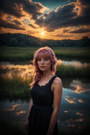 Best work, (Best quality, ,HDR, 8k, 32k, raw photo, photorealistic, UHD:1.2), beautiful 20 year old girl in long black dress at the lakeside in a forest, eyes, pink hair, detailed face, perfect face, pond, dark sky, lights in the background, realism, red sky, detailed sky, realistic clouds, sun, bright environment, late afternoon, sun rays in the clouds