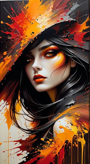 A dark fantasy portrait, dominated by warm hues of orange, yellow, and red. The artwork features splatters and blends of these vibrant colors, creating a sense of movement and energy. The entire canvas appears wet, with the colors merging and blending in various areas, forming a dynamic and fluid appearance. The overall atmosphere of the painting is mysterious and evocative, drawing the viewer into its hauntingly beautiful world., dark fantasy