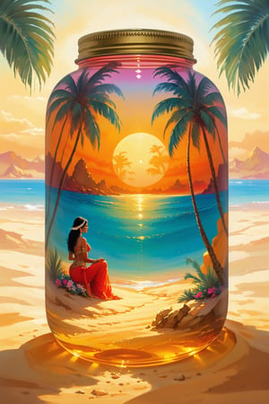 Desert oasis, palm trees casting long shadows in the golden sand, crystal clear water reflecting the vibrant colors of the sunset, exotic flowers blooming around, ancient ruins peeking through the palm leaves, tranquil and mystical atmosphere, painting style capturing the essence of oasis serenity.,painted world,in a jar,
 Sexy Indian Girl in side jar,