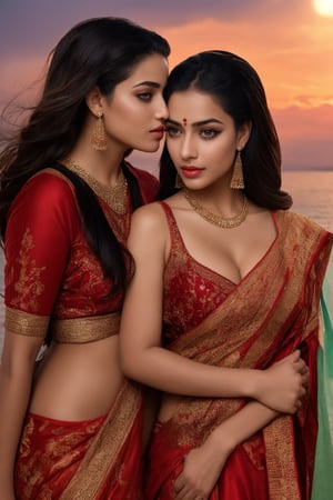 closeup photo, 2 Indian girls, having romance, lesbian couple, 
kissing, romantic_mood , 21 year old, sexy sari without blouse, standing breve in epic pose, burning sky above him,  red lips, epic light, beautiful face, large eyes, green eyes, large breasts, deep cleavage, sexy pose, long hair, red hair,  brave and beautiful, worrier, 