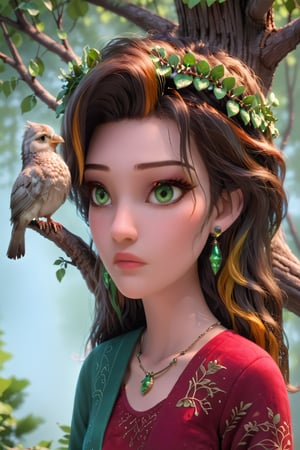  A beautiful indian woman, near a tree, holds a beautiful fluffy bird in her hands. The woman has a beautiful face, pale radiant skin, large emerald eyes, thick long eyelashes, makeup with an emphasis on the eyes. An outfit made of the texture of tree bark, brown hair intertwined with tree branches, earrings made of acorns, a green wreath of twigs and leaves. Photorealism, large 3d strokes, deep shadows, fantasy, delicate juicy colors, highlights, radiance, shine.