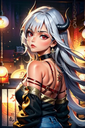 1girl, solo, long hair, looking at viewer, bangs, red eyes, bare shoulders, jewelry, closed mouth, upper body, white hair, earrings, horns, choker, looking back, blunt bangs, off shoulder, black choker, piercing, ear piercing, dragon horns, dragon, eastern dragon