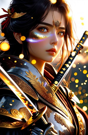 ((ufotable anime style)),(((Fete/ stay night))), ((2020's anime style)) , ((Japanese anime style)) , (Dark Souls 3) ~ ((Elden Ring )) ~ Sekiro~, (glowy eyes),holographic glow, light particles, hyperdetailed skin, 32k resolution, best quality, anime illustration,(anime digital artwork), ((anime screen cap)) , Understanding the perfect body structure, Draw the whole body precisely,defiant gaze shot on dslr camera , ultra detailed gorgeous, most beautiful war goddess woman with dark gray medium long hair and gold eyes, highly armored. blushing, teasing, Alluring, standing in the battle field. highly stylized. depth of field, bokeh effect, backlit, stylish, elegant, breathtaking, visually rich, masterpiece full body shot,hold a black katana,swords master




,Insta Model