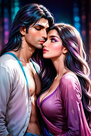 realistic, pencil Sketch of 2 beautiful  indian woman, 17 years old, lip to lip kissing, couple, looking_at_viewer  , multicolor long hair, purple shades, disheveled alluring , ink drawing, illustrative art, soft lighting, detailed, more Flowing rhythm, elegant, low contrast, add soft blur with thin line, full pink lips, blue eyes, sexy  clothes , cleavage, big breasts, tummy, navel, Indian Model,DonMW15pXL