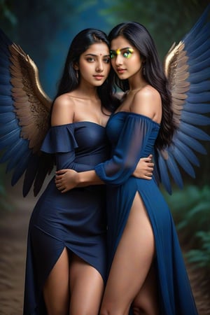 Indian young women,( 2girl :1.4), couple, romantic couple, lesbian couple, Create an image of an intimate and romantic fantasy scene where a woman with long black hair, wearing sexy off-shoulder mini dress , is being embraced by her girlfriend . The girlfriend has angle-like wings, and an unsettling, beautiful face with a goddess-like appearance. The woman leans back with her eyes closed, showing a serene yet vulnerable expression, while the girlfriend holds her closely. The background is deep blue, evoking a night setting, with organic, wing-like shapes surrounding the figures. The mood is both sensual and eerie, with a gothic, otherworldly atmosphere