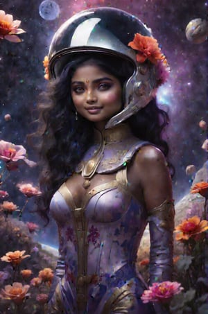 an Indian girl wearing sexy indian dress is standing in the middle of a field full of flowers and space rocks with his helmet on,outer space