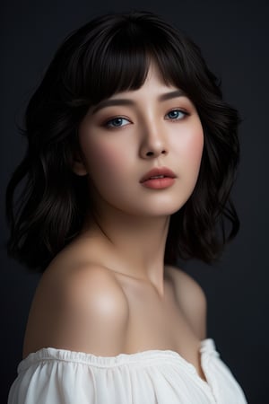 (best quality,highres,masterpiece:1.2),ultra-detailed,photorealistic:1.37,indian female,25 year old, curly hair, detailed eyes,detailed lips, masterpiece, best quality, Very detailed, Facing the camera, Very detailed, Practical, Distinctive features, Very detailed, Clear focus, Perfect face, Perfect face, Perfect eyes with perfect symmetry, Perfect plump lips, Flexible female form, Movie, Movie Light, Very detailed, hyper Practical, masterpiece, atmosphere, high resolution, Energetic, Dynamic studio lighting, ((Dark background)), Endure the expression of happiness, Straight bangs, Blue eyes,Cowboy shooting,Expression of sexual arousal、White off-the-shoulder wedding dress、Headdress