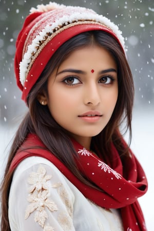 a young woman, cute, 21 years old,indian girl, staring into space, brown hair, brown eyes, red scarf, snowing, realistic, realistic skin texture,Indian Model