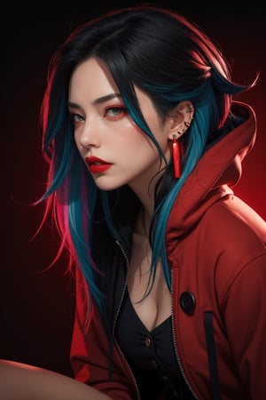 1 Girl, Angry Veins, Black Eyes, black hair, (highlights hair, blue streaked hair), green Eyes, Buttons, Ear Piercings, Cyberpunk Hoodie, Jewelry, Lips, Lipstick, Looking at Viewer, Colorful Hair, Red Lips, Simple Background, Solo, (Portrait, From the Thigh Up, Dynamic Angle: 1.2), Neon Lights, (Red Theme: 1.2), Dark Theme,sexy,latexsuit,d4sh4,@lekg_girl