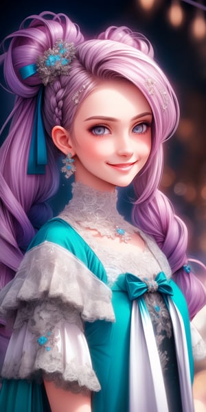 Ultra realistic nordic girl,beautiful grey eyes,smile, superbly crafted braided hairstyles,amazingly intricate braids woven with riibbons,7 colorful hair colors,each braided twintails painstakingly created and decorated with delicate ribbons and accessories.,aesthetic,Rainbow haired girl ,Realistic gray Eyes,flat chested,1 girl,midjourney