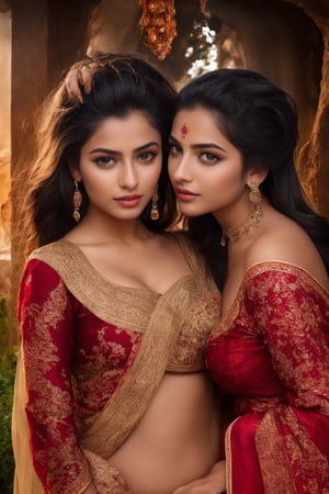 closeup photo, 2 Indian girls, having romance, lesbian couple, 
kissing, romantic_mood , 21 year old, sexy sari without blouse, standing breve in epic pose, burning sky above him,  red lips, epic light, beautiful face, large eyes, green eyes, large breasts, deep cleavage, sexy pose, long hair, red hair,  brave and beautiful, worrier, 