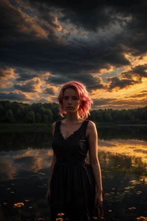 Best work, (Best quality, ,HDR, 8k, 32k, raw photo, photorealistic, UHD:1.2), beautiful 20 year old girl in long black dress at the lakeside in a forest, eyes, pink hair, detailed face, perfect face, pond, dark sky, lights in the background, realism, red sky, detailed sky, realistic clouds, sun, bright environment, late afternoon, sun rays in the clouds