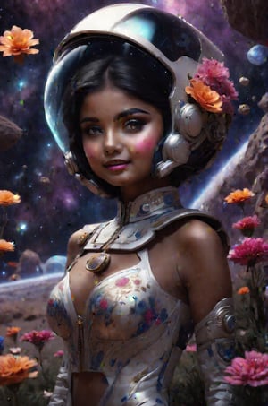 an Indian girl wearing sexy indian dress is standing in the middle of a field full of flowers and space rocks with his helmet on,outer space