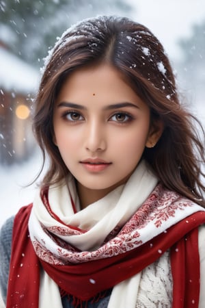 a young woman, cute, 21 years old,indian girl, staring into space, brown hair, brown eyes, red scarf, snowing, realistic, realistic skin texture,Indian Model,DonMM1y4XL