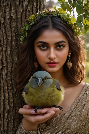  A beautiful indian woman, near a tree, holds a beautiful fluffy bird in her hands. The woman has a beautiful face, pale radiant skin, large emerald eyes, thick long eyelashes, makeup with an emphasis on the eyes. An outfit made of the texture of tree bark, brown hair intertwined with tree branches, earrings made of acorns, a green wreath of twigs and leaves. Photorealism, large 3d strokes, deep shadows, fantasy, delicate juicy colors, highlights, radiance, shine.