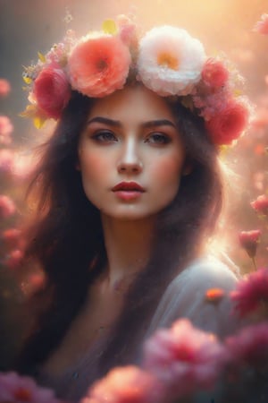 A serene, soft-focus portrait of a woman adorned with a delicate floral crown, set amidst a lush tapestry of blooming flowers. Her gentle features are bathed in warm, diffused light, radiating an otherworldly aura of ethereal beauty.