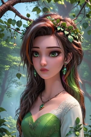  A beautiful indian woman, near a tree, holds a beautiful fluffy bird in her hands. The woman has a beautiful face, pale radiant skin, large emerald eyes, thick long eyelashes, makeup with an emphasis on the eyes. An outfit made of the texture of tree bark, brown hair intertwined with tree branches, earrings made of acorns, a green wreath of twigs and leaves. Photorealism, large 3d strokes, deep shadows, fantasy, delicate juicy colors, highlights, radiance, shine.