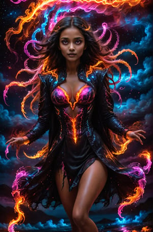 beautiful Indian girl, 23 year old, A visually striking dark fantasy portrait of a majestic girl galloping through a stormy, fiery landscape. The girls's glossy black coat is a stark contrast to its vivid, flame-like mane and tail, which seems to be made of real fire. Its glowing, fiery hooves leave a trail of embers behind, while its intense, glistening eyes reflect a fierce, unbridled energy. The background features a haunting, stormy red sky filled with ominous lightning, adding to the overall sense of mystique and intrigue. This captivating image blends the mediums of photo, painting, and portrait photography to create a unique, conceptual art piece.

,Insta Model,more detail XL
