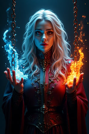 Midjourney style, Photorealism, Cinematic style, high fidelity, realism, chiaroscuro, play of shadow and light, rays of light.
photo of a vampire queen,left hand grasp a chain with ice effect,right hand grasp a chain with fire effect,she wearing a victoria period with red and light blue color,long white hair,red eyes,the chain **** from steel and it floating in the air,big chain,focus on chain,

