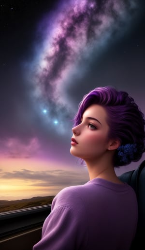Teen girl with cornflowerblue long faux hawk hair, Hyperrealistic train carriage detailed with blooming flowers,ethereal cloud animals with shimmering outlines,passengers gazing in awe,vast sky with swirling galaxies,cosmic colors (purples, blues, pinks),dramatic lighting,mystical atmosphere, expressive,concept art,dark theme