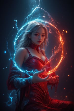 Midjourney style, Photorealism, Cinematic style, high fidelity, realism, chiaroscuro, play of shadow and light, rays of light.
photo of a vampire queen,left hand grasp a chain with ice effect,right hand grasp a chain with fire effect,she wearing a victoria period with red and light blue color,long white hair,red eyes,the chain **** from steel and it floating in the air,big chain,focus on chain,

