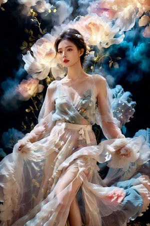 Inspired by photography from Vogue magazine, On a cloudy day, a woman is wearing a romantic transparent gauze, like clouds, a colorful long skirt, the woman's face is looming, the atmosphere is like smoke and a dream, it is indescribably beautiful.