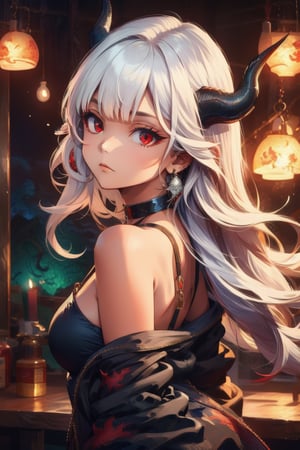 1girl, solo, long hair, looking at viewer, bangs, red eyes, bare shoulders, jewelry, closed mouth, upper body, white hair, earrings, horns, choker, looking back, blunt bangs, off shoulder, black choker, piercing, ear piercing, dragon horns, dragon, eastern dragon