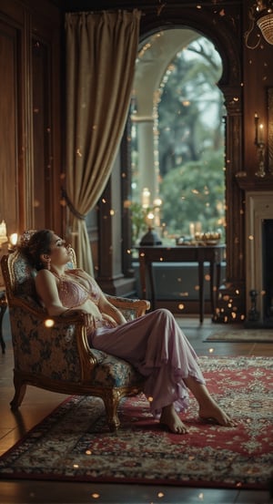 highly detailed cinematic photo , close up stunning woman arabian princess with asian mixed features relaxing in a luxurious chamber filled with opulent furnishings. The room has rich, dark wood paneling, a marble fireplace, and an ornate rug covering the polished floor. The princess, clad in a soft translucent lavender crop top and harem pants with delicate lace details, lounges on a huge golden-framed settee, Delicate drapes frame the windows, and a serene landscape is visible outside, adding to the tranquil atmosphere fiery light, contrasting against the dark, eerie atmosphere of the forest. The background is a soft blur of warm, glowing bokeh lights, creating a dreamy and ethereal atmosphere. The overall color palette is rich with deep blues, golds, and subtle hints of green, enhancing the mystical and elegant style of the artwork.Embers float in the air, creating a mystical and intense atmosphere, anime, cyberpunk, mythp0rt"