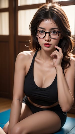 an athletic girl, SlightMuscle, yoga shorts, realistic, muscular beautiful girl, athlete, cinematic lighting, Yumi tsu, Live portrait photography, snapshot aesthetic, light black, looking at viewer, best hands, perfecteyes eyes, big thigh, triangle muscle, round glasses, 1girl with glasses, realistic, Analog style, 8mm film, chromatic aberration, Dvd screengrab, 80s movie, cinematic lighting, Yumi tsu, Live portrait photography, Contemporary photography, snapshot aesthetic, light black, chinapunk, slender, karencore, high details, realsitic shadow, in motion, realistic, glasses, looking at viewer, lips, good hands, best hands, perfecteyes eyes,TENSTAR