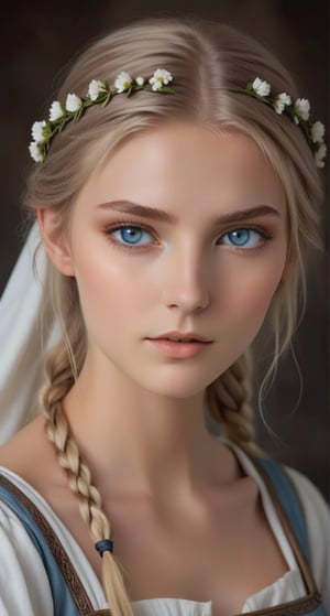 Create a softened depiction of a Viking girl, dressed in a medieval white maid's outfit with neatly tied hair. blue grey eyes, Apply a moderate amount of makeup, featuring subtle orange tones on the cheeks, natural-looking eyebrows, and a gentle downward gaze. Keep the overall makeup light, with a touch of foundation for a soft and natural appearance. The lips can be painted in a gentle, neutral tone, while the eyes receive a light touch of eyeshadow and eyeliner for a more subdued effect. Strive for a sweet and approachable look, maintaining the essence of a medieval maid-inspired appearance with a milder and more charming touch,Astrid Hofferson