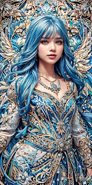 (masterpiece, top quality, best, official art, beautiful and aesthetic:1.2),1girl, (pop art:1.4), (zentangle, flower effects:1.2), (art nouveau:1.1), angelreah, blue hair, angel wings, white dress, detached sleeves, necklace, gentle smile, happy, portrait, pony hair, angel_wings, straight-on, batik, indian