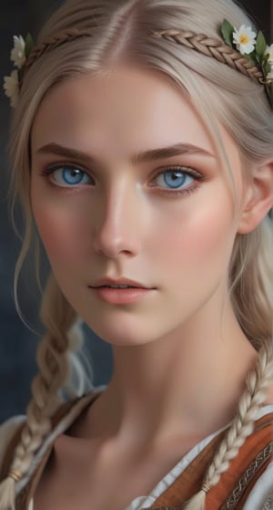 Create a softened depiction of a Viking girl, dressed in a medieval white maid's outfit with neatly tied hair. blue grey eyes, Apply a moderate amount of makeup, featuring subtle orange tones on the cheeks, natural-looking eyebrows, and a gentle downward gaze. Keep the overall makeup light, with a touch of foundation for a soft and natural appearance. The lips can be painted in a gentle, neutral tone, while the eyes receive a light touch of eyeshadow and eyeliner for a more subdued effect. Strive for a sweet and approachable look, maintaining the essence of a medieval maid-inspired appearance with a milder and more charming touch,Astrid Hofferson