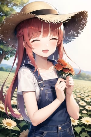 High quality, 1girl, Red hair, fair skin, rosy cheeks, closed eyes, straw hat, overalls, Girl smelling flowers, flower field, starry sky,