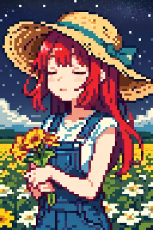 High quality, Fluidity, 1girl, Red hair, fair skin, rosy cheeks, closed eyes, straw hat, overalls, Girl smelling flowers, flower field, starry sky,