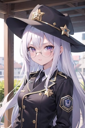  1girl, Sheriff, hat, sunglasses, serious expression, Uniform, Long hair, grayish hair, lilac pupils