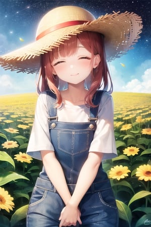 High quality, 1girl, Red hair, fair skin, rosy cheeks, closed eyes, straw hat, overalls, Girl smelling flowers, flower field, starry sky,