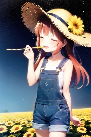 High quality, Fluidity, 1girl, Red hair, fair skin, rosy cheeks, closed eyes, straw hat, overalls, Girl smelling flowers, flower field, starry sky,