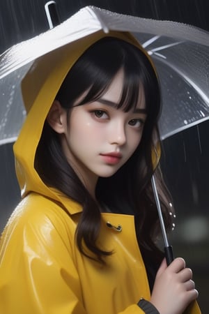 1girls 159 cm, White skin, Black hair with brown tones, girl wearing a yellow raincoat, night rain scene with gloomy tones,