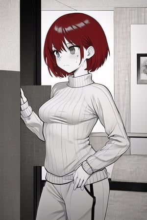 1Woman, short hair, red hair, medium breasts, sweater, Sweatpants, Monochrome, grayscale