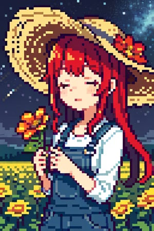 High quality, Fluidity, 1girl, Red hair, fair skin, rosy cheeks, closed eyes, straw hat, overalls, Girl smelling flowers, flower field, starry sky,