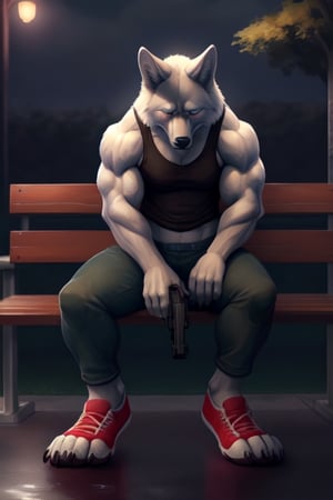 veiny muscle,white wolf,ripped tank top,ripped pants,ripped black shoes animal hand,claws,animal feet,sitting on bench park,depressed,holding gun,empty park background,night background,raining background