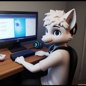 a young furry white wolf that a youtuber is looking at the computer and wear black headphone,3D