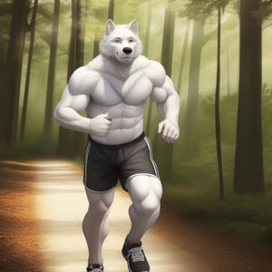 a strong muscular naked furry white wolf that jogging in the morning at forest path and just wearing a headphone and short pants
