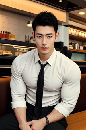 a  cute muscle thailand guy  , young, handsome , black shirt very tie  show big  chest wear tie  underwear (front big package shape) butterfly sitting  cafe ,bottom view