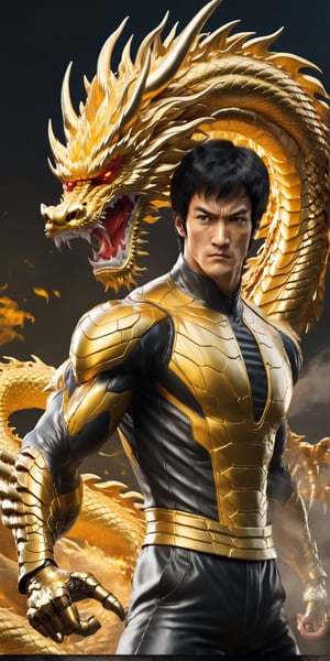 Angry dragon Bruce Lee soldier character, anthropomorphic figure, wearing futuristic mecha soldier armor and weapons, reflection mapping, realistic figure, hyperdetailed, cinematic lighting photography, 32k uhd with a golden staff, red lighting on suit, golden dragon,golden dragon