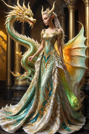 alabaster skin, mystical being, born of the union between a dragon and an elf girl,elf ears,Dragon inspired dress,extraordinary creature exhibits both draconic and elven features, blending the elegance of the elves with the majestic presence of dragons, Its scales might shimmer with ethereal colors, and its pointed ears,,DonM3lv3sXL,Disney pixar style,golden dragon