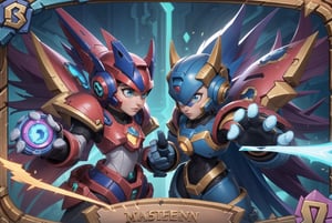 ((Masterpiece in 4K resolution, style inspired by Hearthstone card design and the Mega Man X universe, optimized for card image dimensions)). | Collectible character card depicting Mega Man X, the robotic protagonist of the popular game series, carefully sized to perfectly fit the dimensions of the card's image. Mega Man X is portrayed in a dynamic pose, with his cannon in hand and determined eyes, ready to face his enemies. | The card's background features a futuristic battle scene, with metallic elements and light effects that resemble the environment of the Mega Man X games. Icons and details typical of Hearthstone cards are present, harmonizing the overall design and adapting to the card's dimensions. | Composition centered on the character, with a slightly low angle, highlighting the feeling of power and prominence, adjusted according to the proportions of the image. | Vibrant lighting and strong contrasts, with light and shadow effects that highlight the metallic appearance and details of the character and setting, maintaining legibility and visual impact within the dimensions of the card. | Hearthstone card of Mega Man X, a powerful robot seeking justice in the futuristic gaming universe, carefully sized to the dimensions of the card's image. | ((perfect_design, perfect_composition, perfect_layout)), ((perfect_detail, perfect_texture)), ((perfect_composition, perfect_design, perfect_layout, perfect_detail, ultra_detailed)), (((enhance_details, correct_imperfections))), More Detail, Enhance